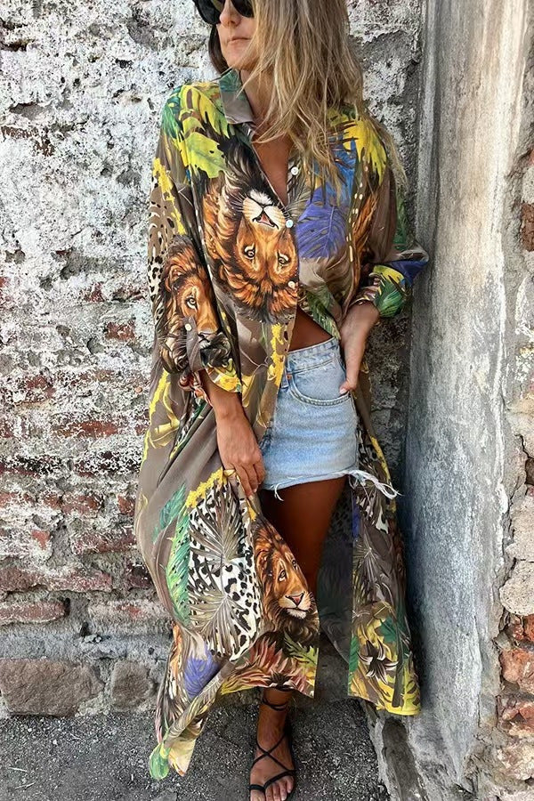 Damen Langärmlige Bluse mit Tiermuster und lockerem Schnitt Drune