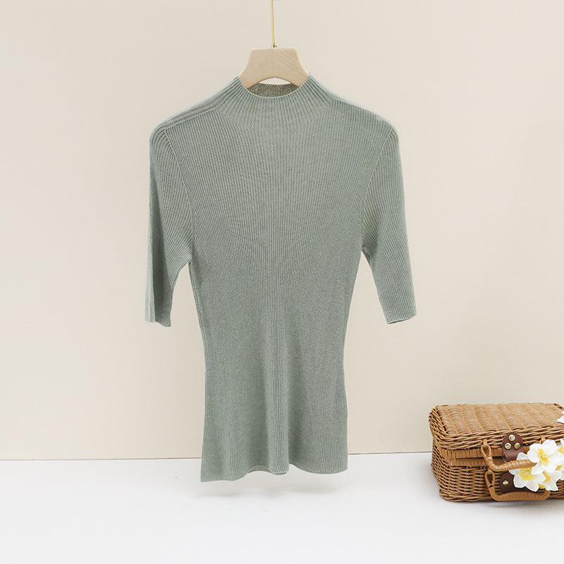 Damen Slim-Fit Rippstrick-Top mit halblangen Ärmeln und hohem Stehkragen Drune