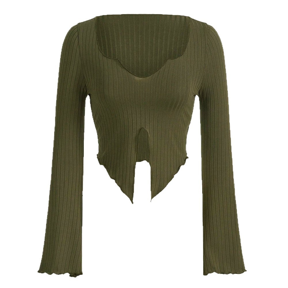 Damen fein geripptes Cropped-Longsleeve mit asymmetrischem Wellensaum und Cut-Out Drune