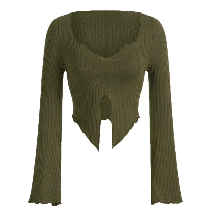 Damen fein geripptes Cropped-Longsleeve mit asymmetrischem Wellensaum und Cut-Out Drune
