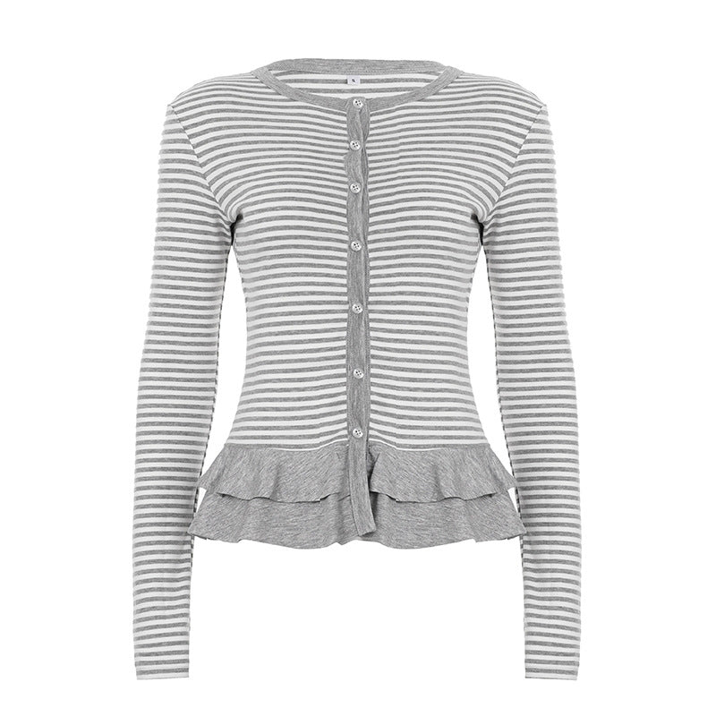 Damen nan feiner Kurzcardigan mit Knopfleiste, Spitzenkragen und welligem Saum Drune