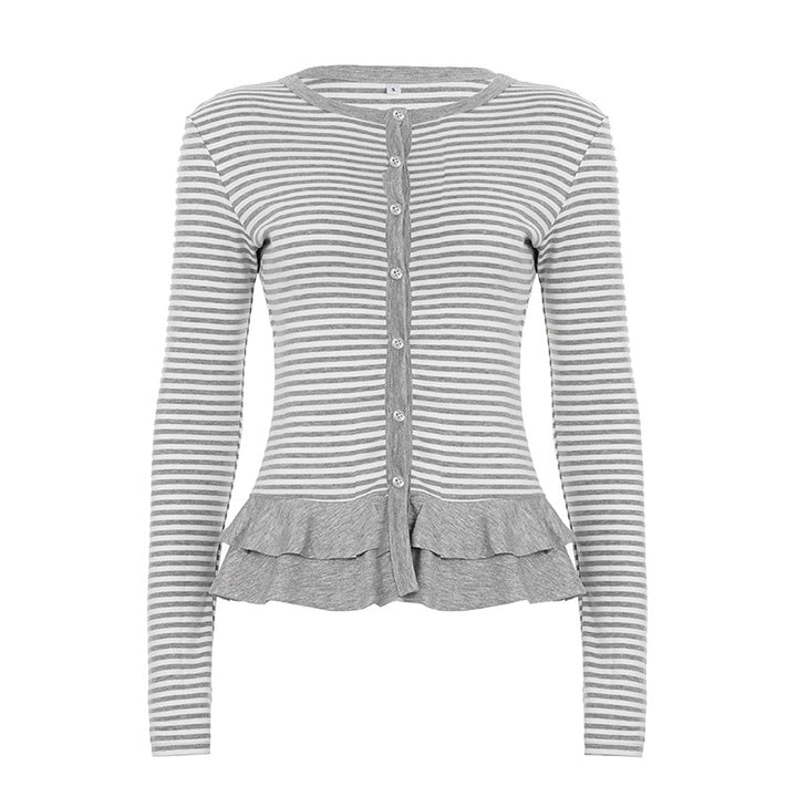 Damen nan feiner Kurzcardigan mit Knopfleiste, Spitzenkragen und welligem Saum Drune