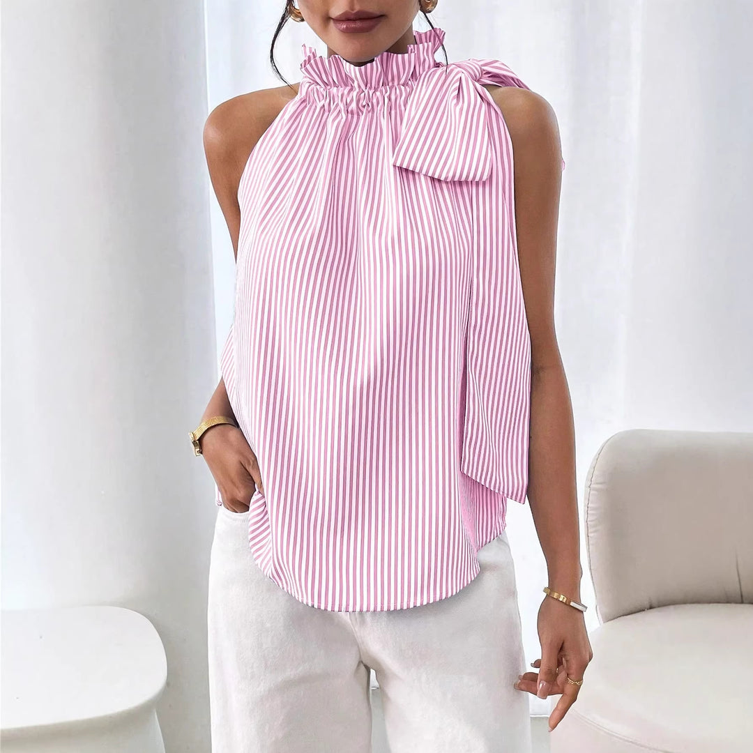 Damen Ärmellose Crêpe-Bluse mit gerafftem Stehkragen und Schulter-Schleife Drune