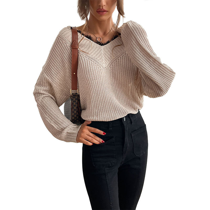 Damen Oversize V-Ausschnitt Strukturstrick-Pullover mit überschnittener Schulter und lockerer Silhouette Drune