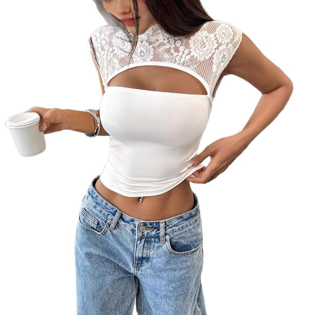 Damen nan figurbetontes bauchfreies Top mit floraler Spitzen-Schulterpartie, Stehkragen und Brustöffnung Drune