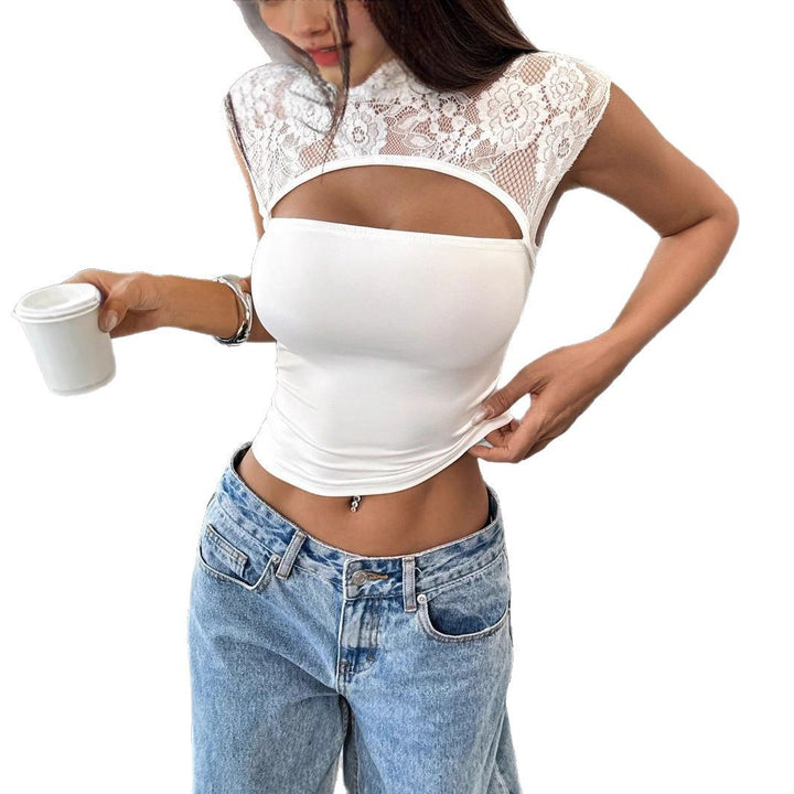 Damen nan figurbetontes bauchfreies Top mit floraler Spitzen-Schulterpartie, Stehkragen und Brustöffnung Drune