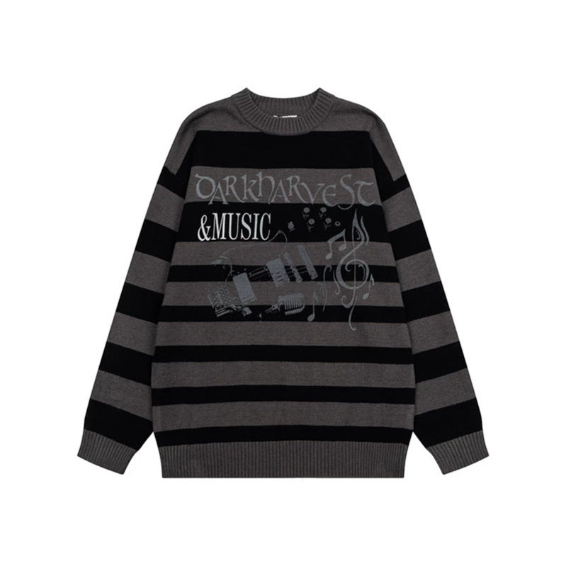 Damen Gestreifter Oversize-Strickpullover mit Rundhals und Musik-Grafik Drune