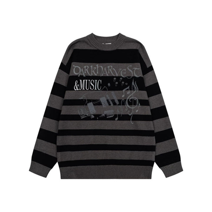 Damen Gestreifter Oversize-Strickpullover mit Rundhals und Musik-Grafik Drune