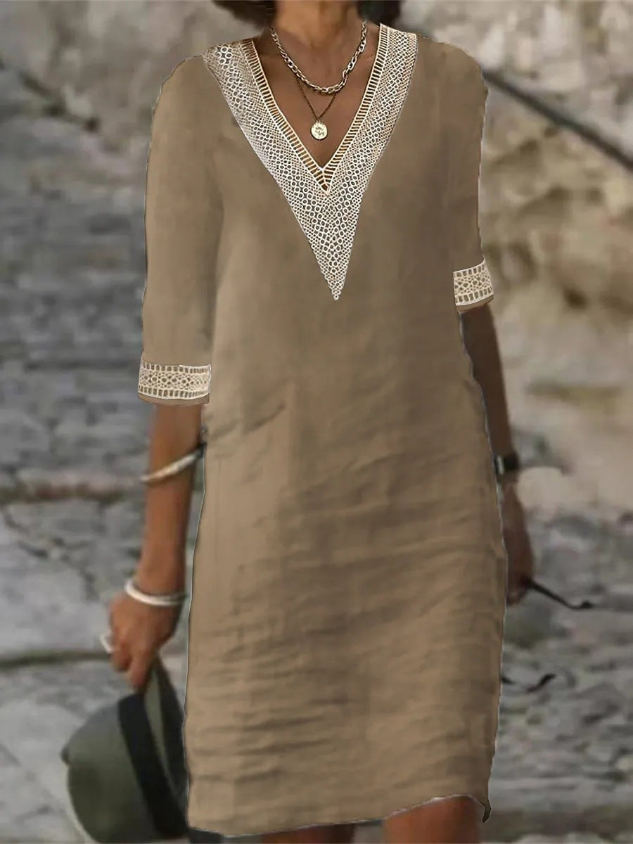 Damen Leinenlook Midi Kleid mit gehäkeltem V-Ausschnitt und 3/4 Ärmeln Drune