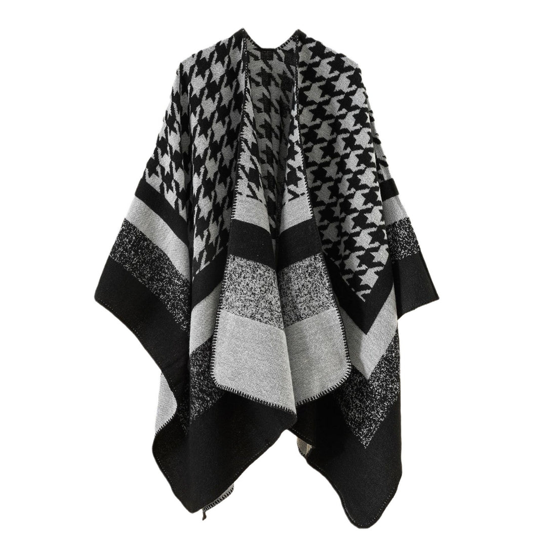 Damen Oversize‑Ruana‑Poncho aus Wollmix mit Hahnentritt- und Blockjacquard Drune