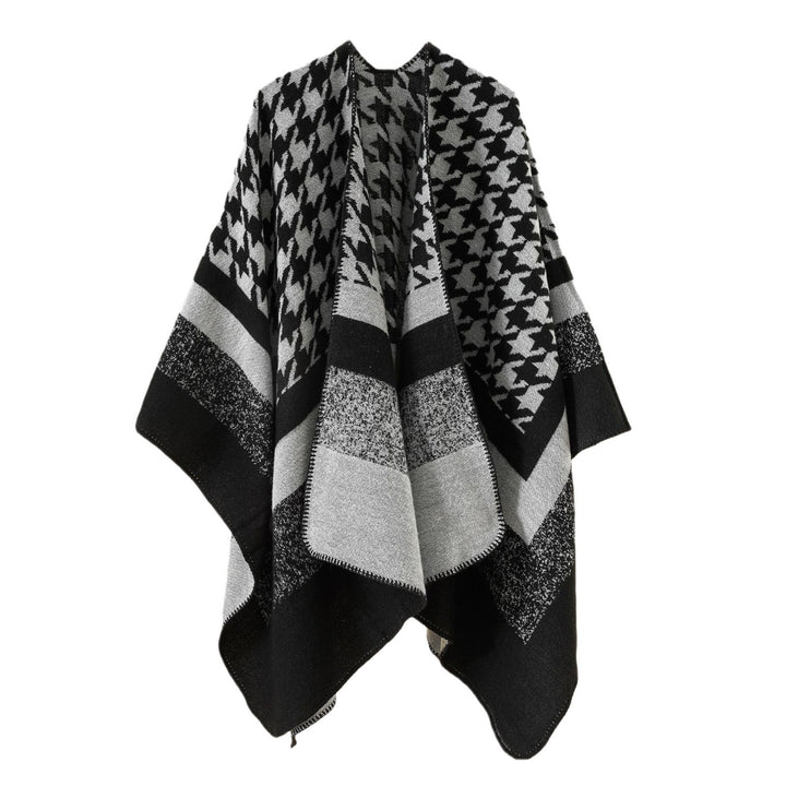 Damen Oversize‑Ruana‑Poncho aus Wollmix mit Hahnentritt- und Blockjacquard Drune