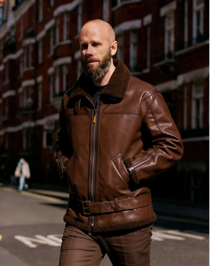 Herren Kunstleder-Fliegerjacke mit Teddyfutter, Reißverschlüssen und Stehkragen Drune