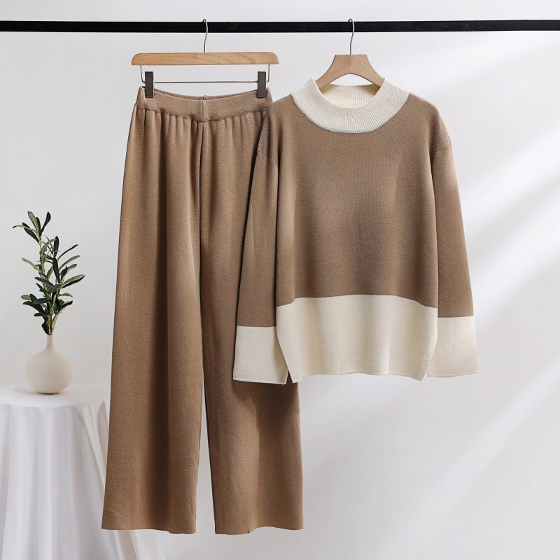 Damen elegantes Strick-Loungewear-Set mit weitem Bund und dekorativem Kragen Drune