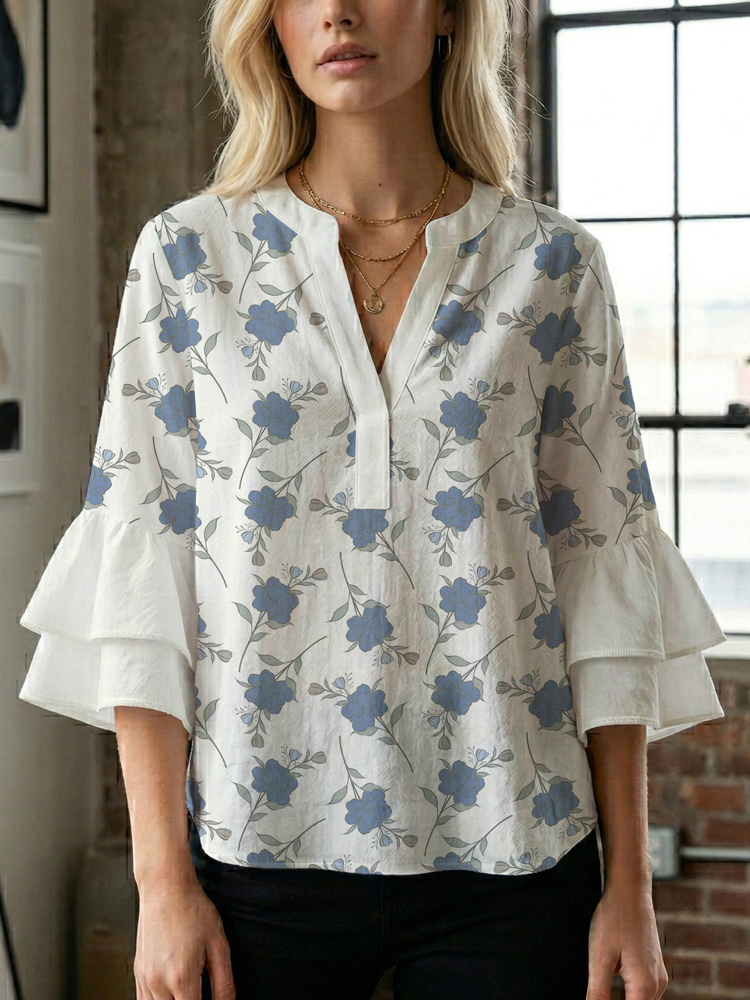 Damen Bluse mit voluminösen Ärmeln und floralem Design Drune