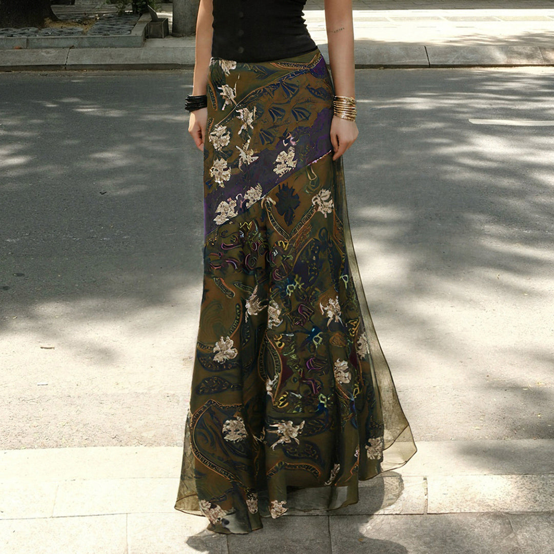 Damen Maxirock im Boho‑Look mit ausgestellter A‑Linie und Paisley‑Floraler Musterung Drune