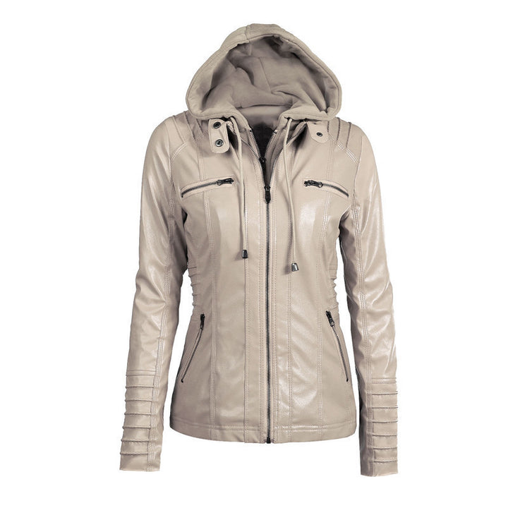 Damen Kunstlederjacke mit abnehmbarer Kapuze, tailliertem Schnitt und Reißverschlusstaschen Drune