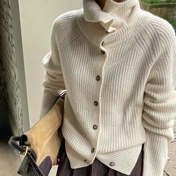 Damen elegante Strickjacke mit hohem Kragen und dekorativen Knöpfen Drune