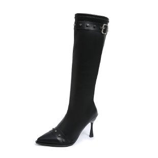 Damen Kniehohe Stiefel mit spitzer Zehenpartie, skulpturellem Stilettoabsatz und Zierriemen Drune