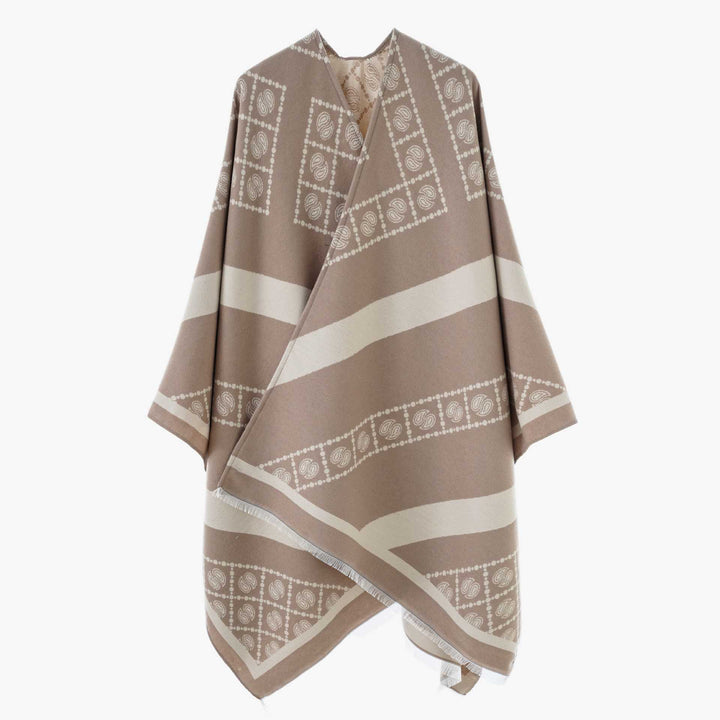 Damen Jacquard-Überwurf im Cape‑Stil mit Paisley‑Bordüre und Fransen Drune