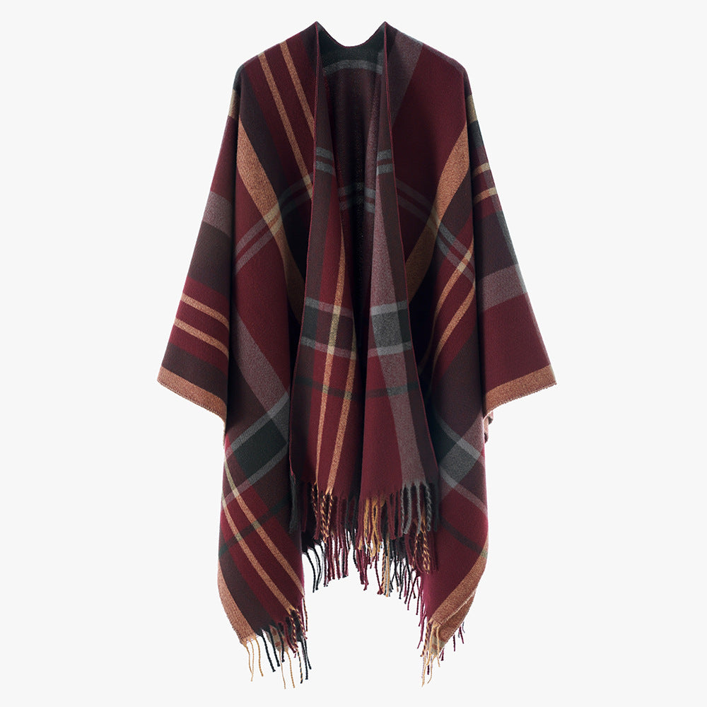 Damen Oversize Poncho-Cape mit Karomuster und Fransen Drune