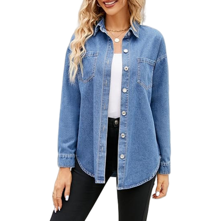 Damen Oversize-Denimhemd mit Knopfleiste und Brusttaschen Drune