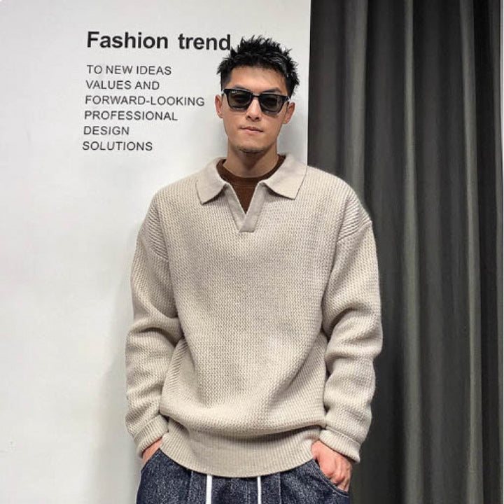 Herren Grobmaschiger Polokragen-Pullover mit verdeckter Halbleiste und geripptem Saum Drune
