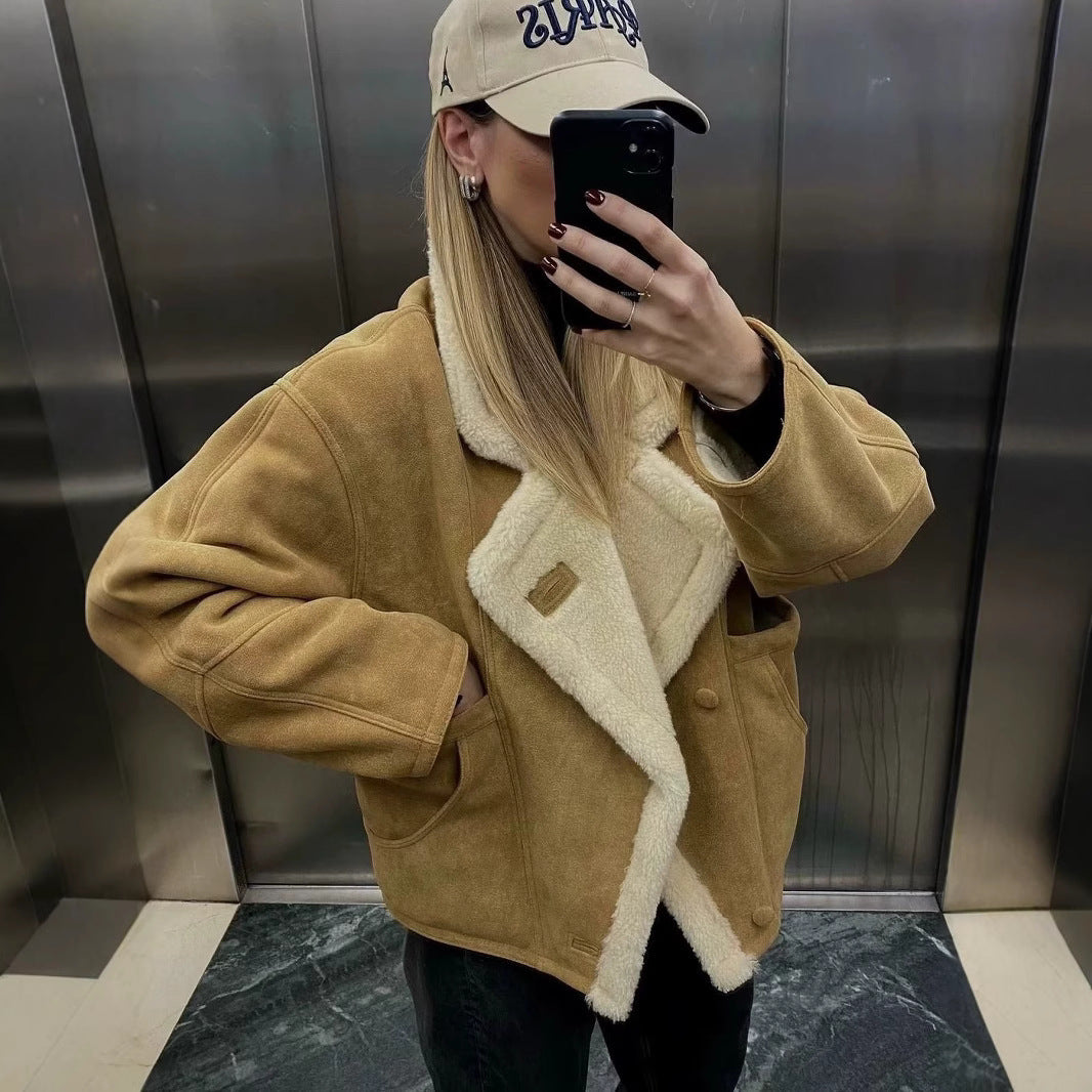 Damen kuschelige Wildlederjacke mit weichem Futter und breitem Kragen Drune