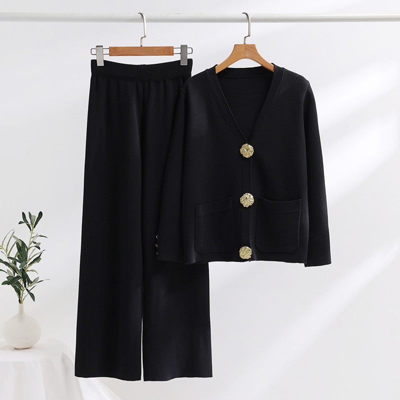 Damen elegantes Strick-Loungewear-Set mit weiten Bein und schönen Knöpfen Drune
