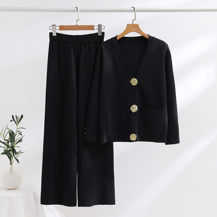 Damen elegantes Strick-Loungewear-Set mit weiten Bein und schönen Knöpfen Drune