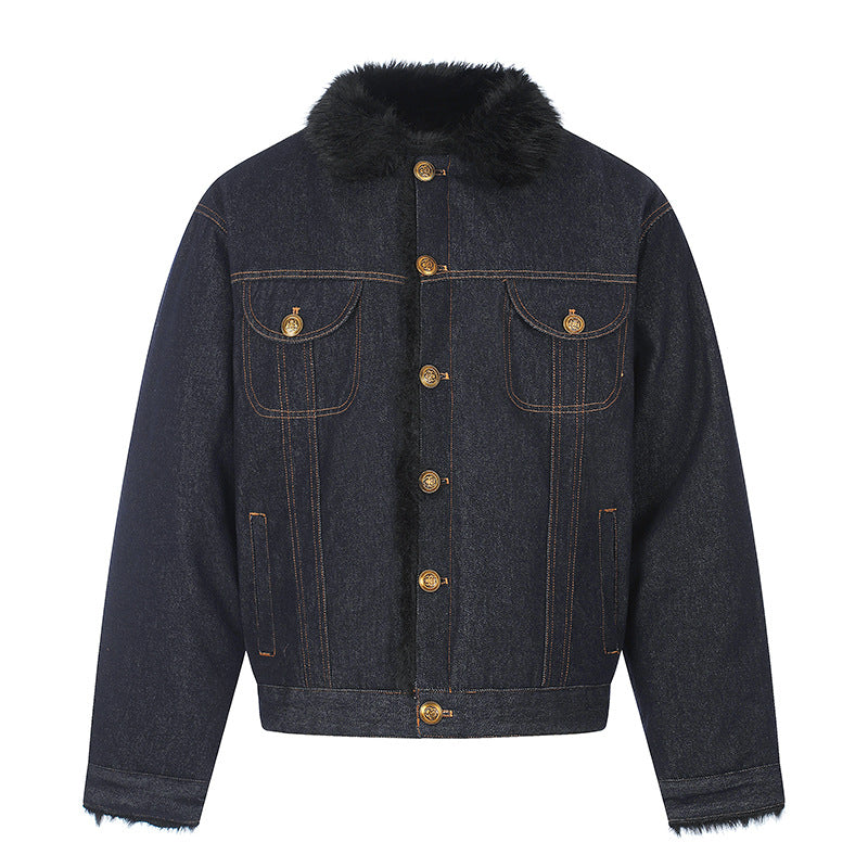 Damen gefütterte Jeansjacke mit Kunstfellkragen, Teddy‑Innenfutter und Goldknopf-Details Drune