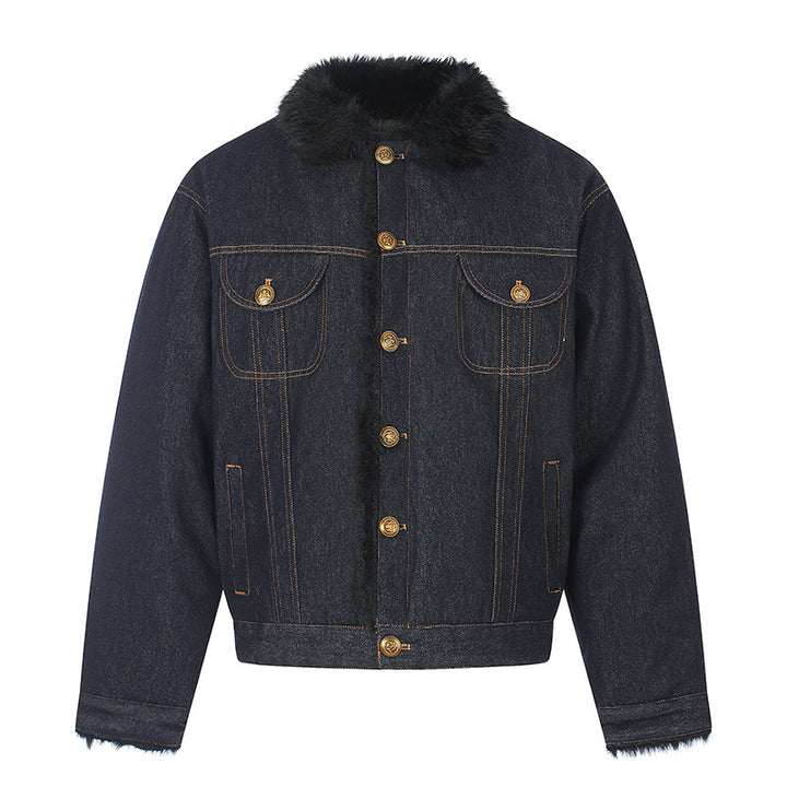 Damen gefütterte Jeansjacke mit Kunstfellkragen, Teddy‑Innenfutter und Goldknopf-Details Drune