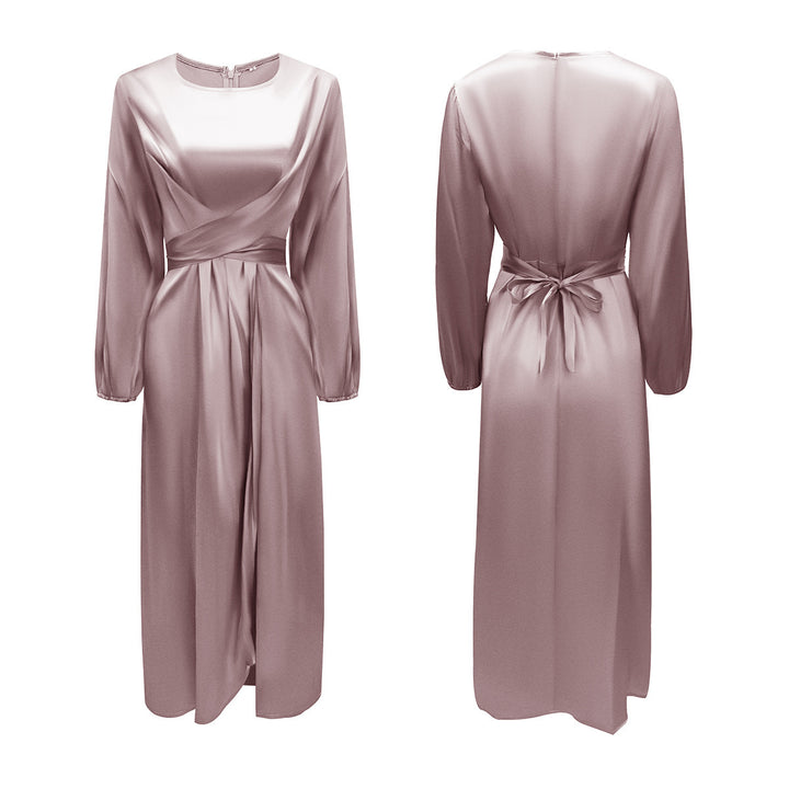 Damen Elegantes Maxikleid aus Satin mit Wickel-Detail, Langarm und Taillenband Drune