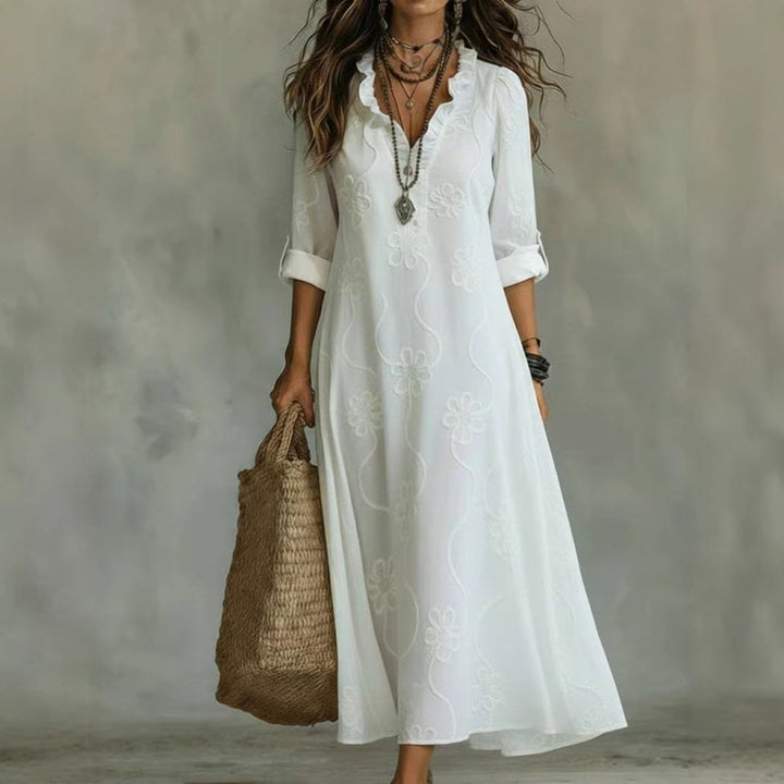 Damen Langes Boho-Maxikleid mit Blumenstickerei und V‑Ausschnitt Drune