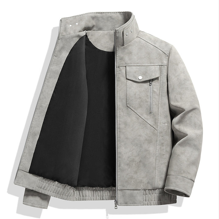 Herren  Faux-Suede Strukturierte Stehkragen-Zip-Jacke mit schrägen Brusttaschen Drune
