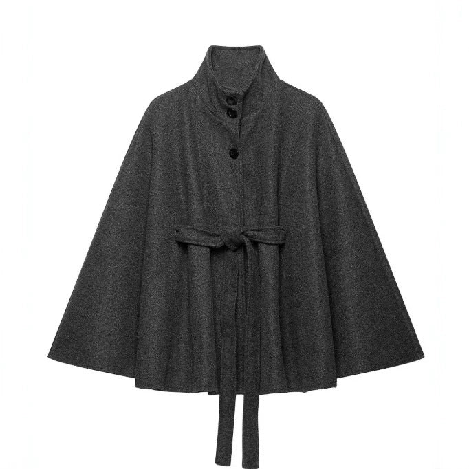 Damen Kurzcape aus Wollmix mit hohem Stehkragen und Bindegürtel Drune