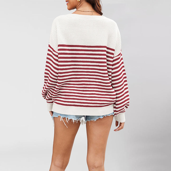 Damen lässiger Struktur-Pullover mit Streifenmuster Drune
