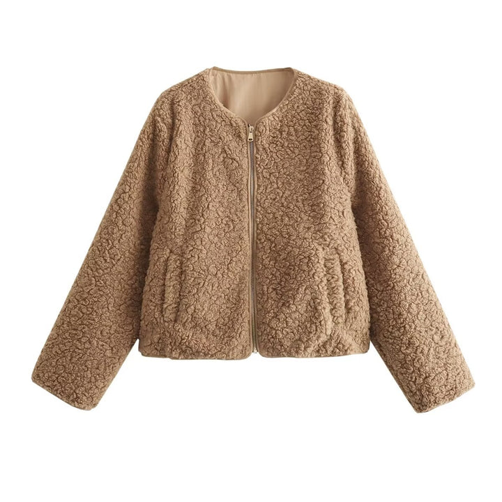 Damen nan kurzes Teddy-Fleece-Blouson mit Rundhals, durchgehendem Reißverschluss und nahtfeinen Eingrifftaschen Drune