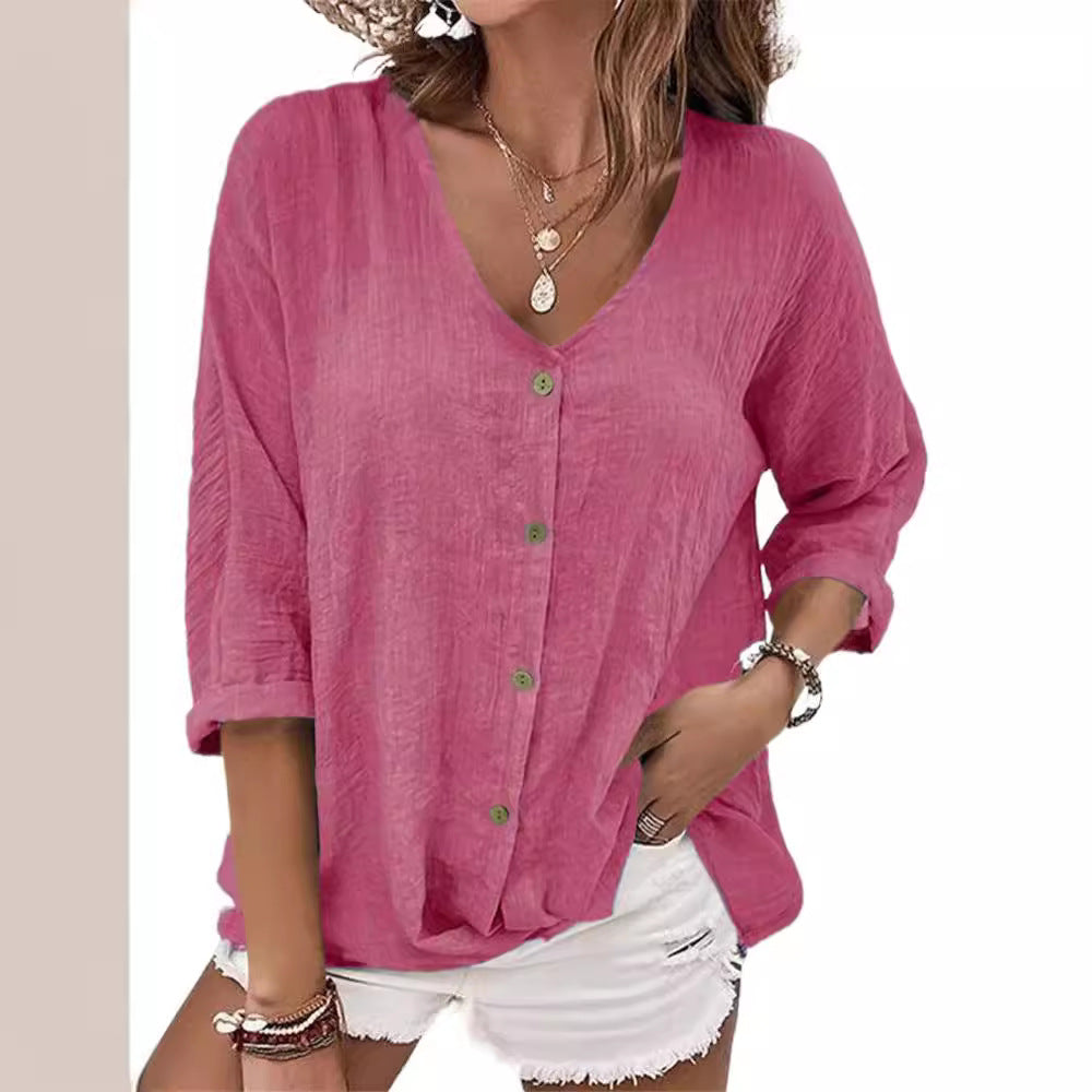 Damen lockere V-Ausschnitt Bluse im Leinenlook mit Knopfleiste und hochrollbaren Dreiviertelärmeln Drune