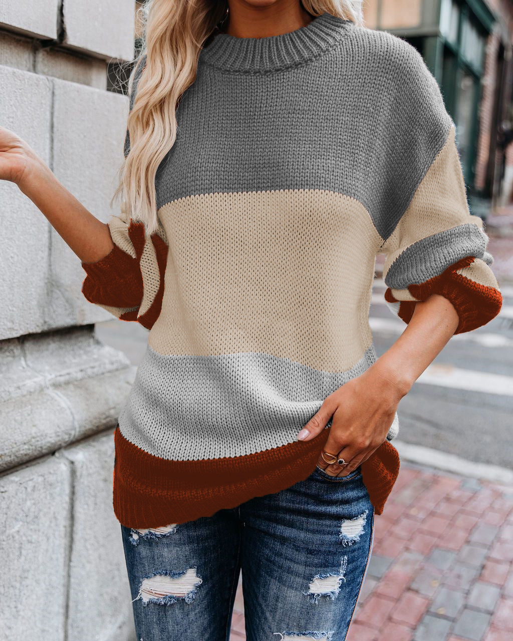 Damen Grobstrick Farbblockpullover mit hohem Rippenkragen und Oversize‑Passform Drune