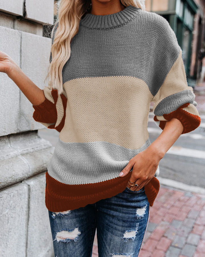 Damen Grobstrick Farbblockpullover mit hohem Rippenkragen und Oversize‑Passform Drune