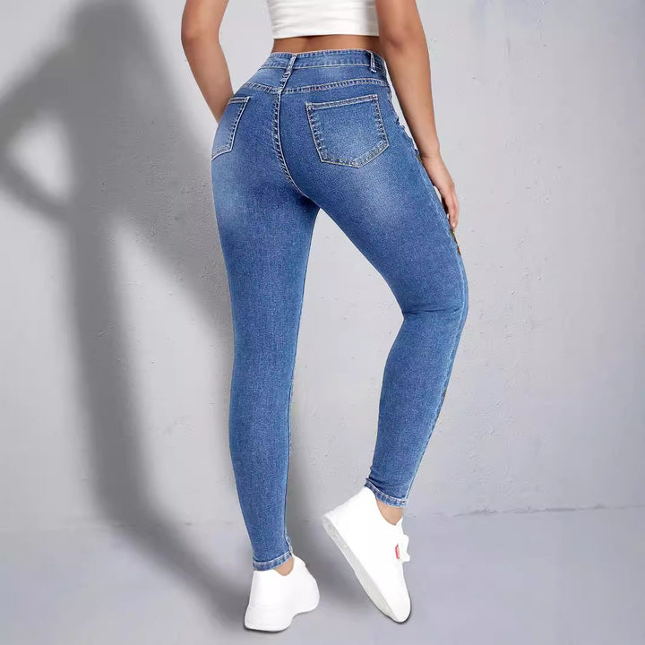 Damen enganliegende High‑Waist Jeansleggings mit buntem Schmetterling-Print Drune