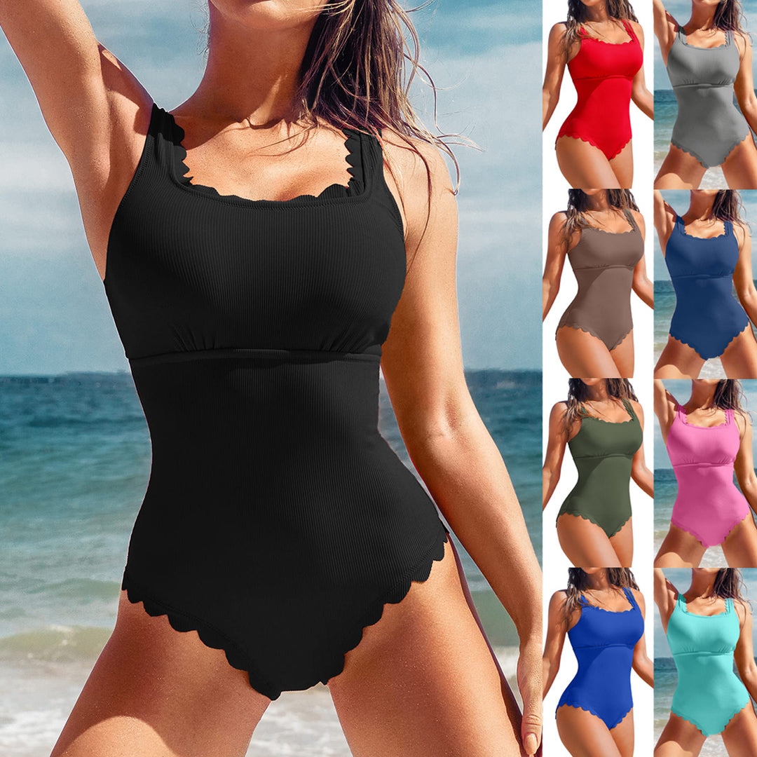 Damen Eleganter Einteiler Badeanzug mit Wellenkante und elastischem Bund Drune