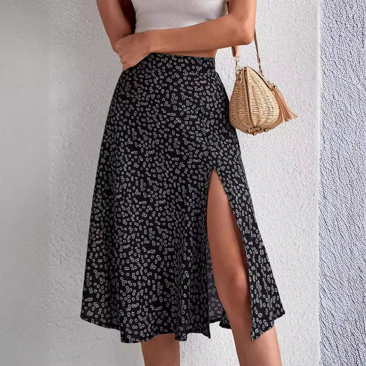 Damen Midi-Rock mit asymmetrischem Schlitz und floralem Muster Drune
