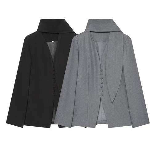 Damen Eleganter Longline-Blazer mit hohem Funnelkragen und überziehbaren Stoffknöpfen Drune