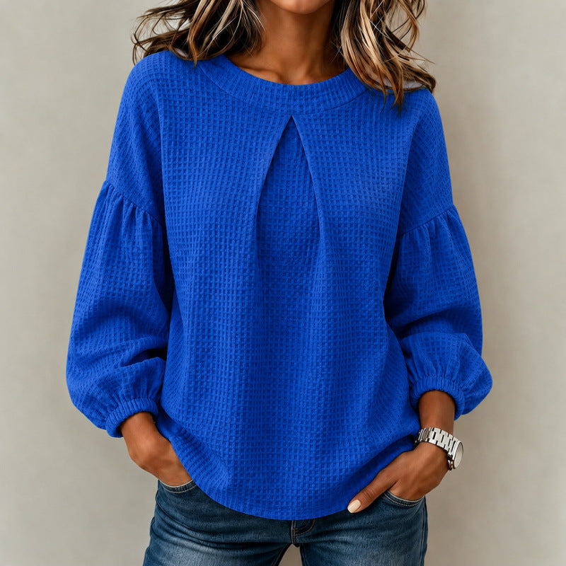 Damen Lockeres Waffelstrick-Sweatshirt mit Vorderfalte und Ballonärmeln Drune