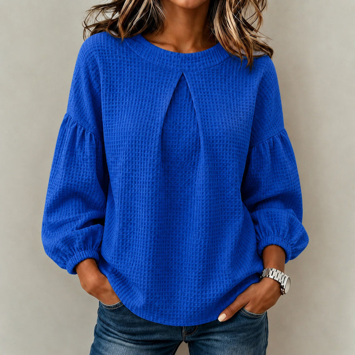 Damen Lockeres Waffelstrick-Sweatshirt mit Vorderfalte und Ballonärmeln Drune
