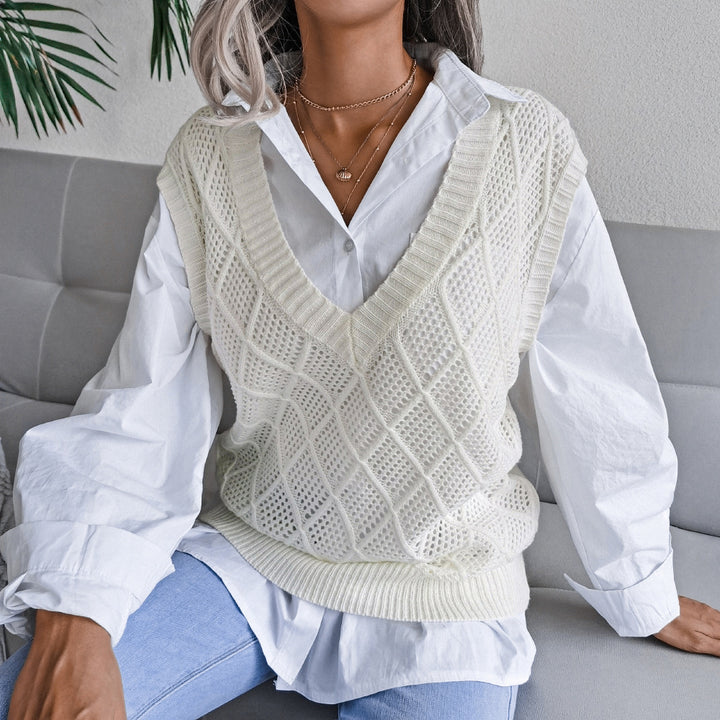Damen Strickweste mit V-Ausschnitt und karoartigem Muster Drune