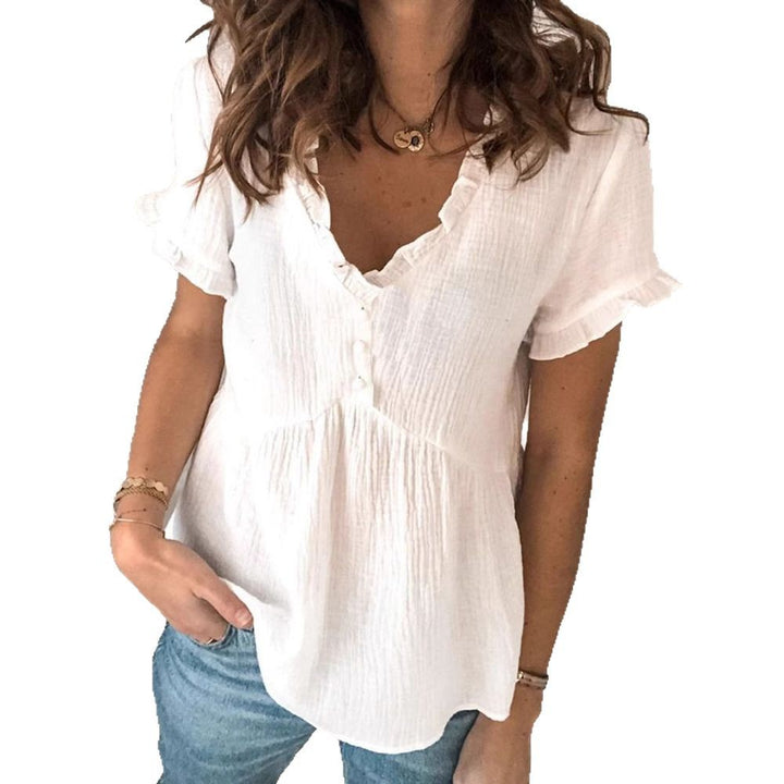 Damen V-Ausschnitt Bluse mit Rüschendetails und Knopfverschluss Drune