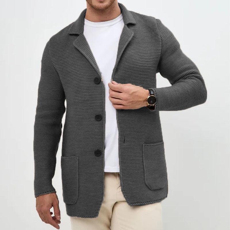 Herren grobgestrickter Strickcardigan mit Schalkragen und aufgesetzten Taschen Drune