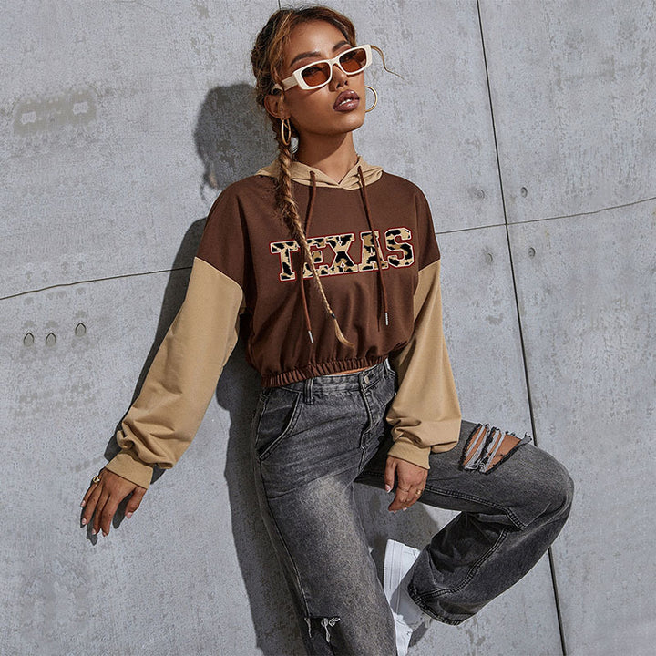 Damen Kurzgeschnittener Kapuzenpullover mit Teddy‑Print, Colorblock‑Ärmeln und elastischem Saum Drune